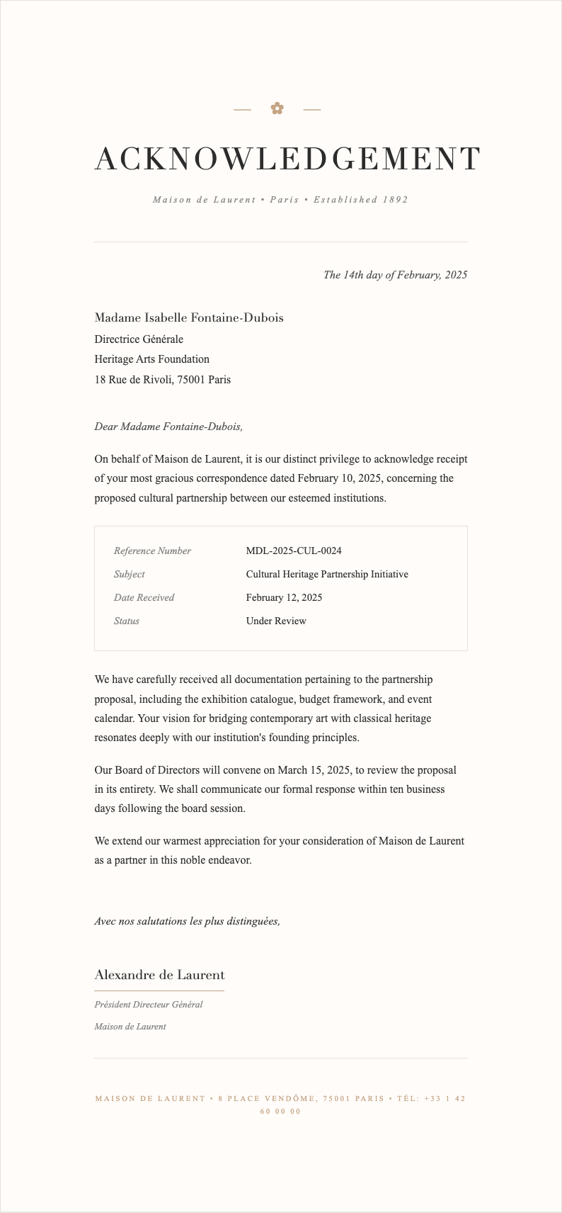 Elegant sophisticated acknowledgement letter